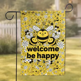Welcome Be Happy Black Striped Cartoon Bees Daisies Honeycomb - Home Decor Gift Garden Flag