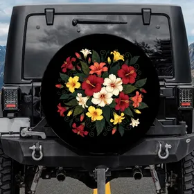 Exotic Hibiscus Floral Botanical Leaves Black Background Home Decor Gift Spare Tire Cover