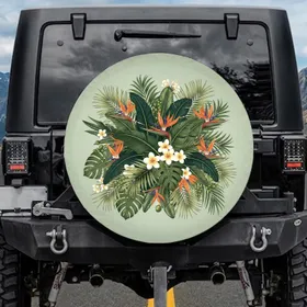 Jungle Foliage Plumeria Bird of Paradise Flowers - Everyday Decor Gift Spare Tire Cover
