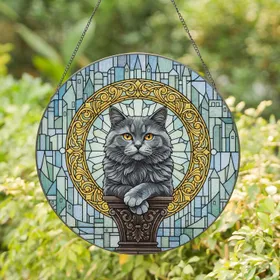 Fluffy Charcoal British Shorthair Cat Ornate Plinth Golden Filigree - Home Decor Gift for Cat Lover Stained Glass Suncatcher
