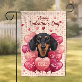 Black Tan Dachshund Dog Heart Balloons Love Kisses Hugs Valentine's Day Gift for Dog Lovers Garden Flag