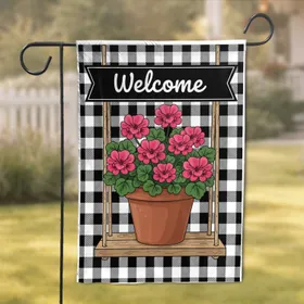 Welcome Geraniums Terracotta Pot Wooden Swing Buffalo Check - Home Decor Gift Garden Flag