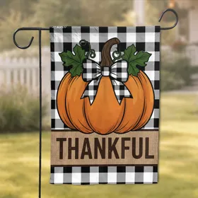 Thankful Pumpkin Buffalo Plaid Burlap - Thanksgiving Fall Harvest Home Decor Gift Garden Flag