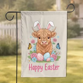 Baby Highland Cow Bunny Ears Pastel Flowers Easter Eggs - Happy Easter Decor Garden Flag