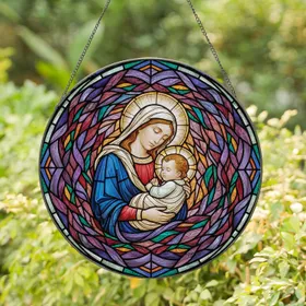 Virgin Mary Baby Jesus Stained Glass Art - Tiffany Style Luminous Jewel Tone Religious Gift Stained Glass Suncatcher