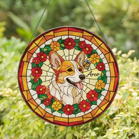 Custom Name Corgi Dog Stained Glass, Flower Wreath & Butterfly - Tiffany Style Intricate Mosaic Stained Glass Suncatcher