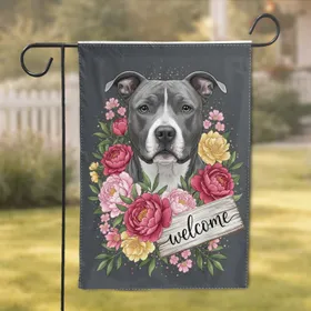 American Pit Bull Terrier Peony Welcome Sign - Home Decor Gift for Pit Bull Lovers Garden Flag