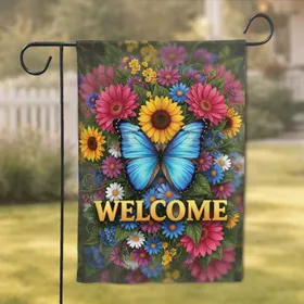 Blue Morpho Butterfly Welcome Golden Gerbera Sunflower Lush Garden - Home Decor Gift Garden Flag