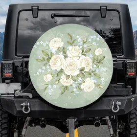 Creamy White Roses Forget-Me-Not Flowers Heart Sage Green Botanical Spare Tire Cover