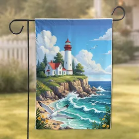 Majestic Lighthouse Keeper House Cliff Ocean Vista - Coastal Home Decor Gift for Sea Lover Garden Flag