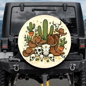 Saguaro Cactus Cowboy Hat Boots Skulls - Western Car Decor Gift for Desert Lover Spare Tire Cover