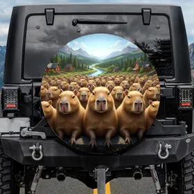 Capybaras River Forest Hills Mountains Rustic Buildings - Wildlife Lover Gift Spare Tire Cover