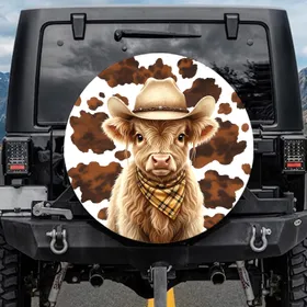 Fluffy Baby Highland Cow Cowboy Hat Plaid Bandana Cowhide Spots - Rustic Farmhouse Decor Spare Tire Cover