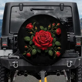 Deep Red Rose Floral Bloom with Emerald Green Leaves - Garden Lover Everyday Accent Spare Tire Cover