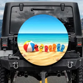 Beach Ball Flip Flops Seashells Sand Ocean - Summer Beach Scene Getaway Gift Spare Tire Cover