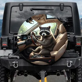 Fluffy Raccoon Driving Steering Wheel Car Cabin - Wildlife Road Trip Gift Spare Tire Cover
