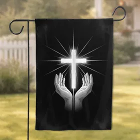 Glowing Christian Cross Supported Hands - Faith Home Decor Gift for Believers Garden Flag