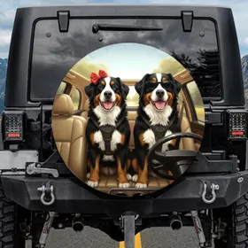 Bernese Mountain Dogs Car Ride Red Bow Heart Tag Sunglasses - Dog Lover Gift Spare Tire Cover