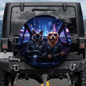 Siamese Cat Golden Retriever Biker Jackets Cyberpunk City - Urban Rock Lifestyle Gift Spare Tire Cover