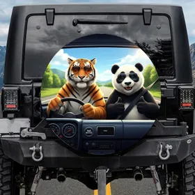 Confident Tiger Panda Highway Drive Scene - Road Trip Gift for Animal Lovers Spare Tire Cover