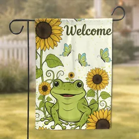Welcome Big-Eyed Frog Sunflowers Butterflies - Home Garden Decor Gift for Gardeners Garden Flag