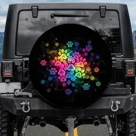 Glowing Rainbow Paw Prints Black - Pet Lover Gift for Dog Cat Owners Spare Tire Cover