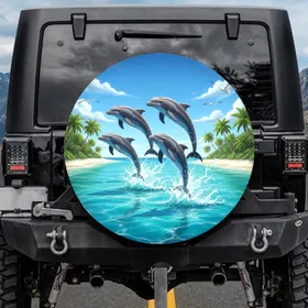 Leaping Bottlenose Dolphins Ocean Waves Tropical Island Palm Trees - Wildlife Lover Gift Spare Tire Cover