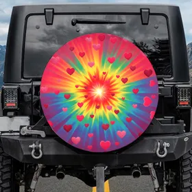 Vibrant Radial Rainbow Burst, Pink & Red Hearts - Celebration Gift for Everyday Vehicle Use Spare Tire Cover