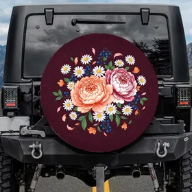 Deep Burgundy Lush Peony Daisy Berry Foliage Floral - Outdoor Lifestyle Gift Spare Tire Cover