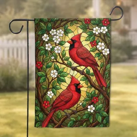 Stained Glass Cardinals Wildlife Lover Home Decor Gift for Bird Watcher Garden Flag