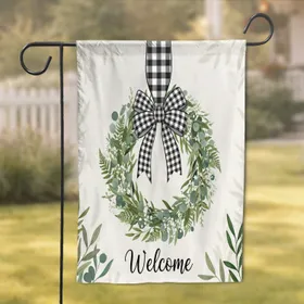 Green Leaf White Flower Wreath Welcome Gingham Bow - Farmhouse Home Decor Gift Garden Flag