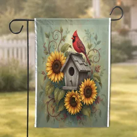 Northern Cardinal Birdhouse Sunflowers - Wildlife Lover Home Decor Gift Garden Flag