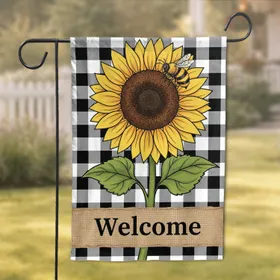 Welcome Sunflower Bee Buffalo Plaid Rustic Farmhouse Decor Garden Flag