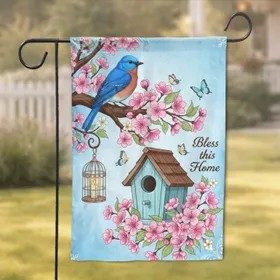 Blue Bird Birdhouse Cherry Blossom - Home Decor Gift for Bird Lovers Garden Flag