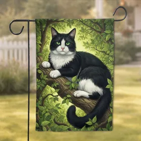 Lush Green Foliage Tuxedo Cat Emerald Eyes Tree Branch - Wildlife Lover Home Decor Gift Garden Flag