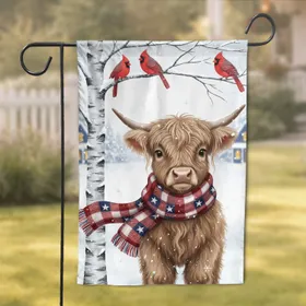 Baby Highland Calf Red Cardinals Snowy Winter Home Decor - Animal Lover Gift Garden Flag