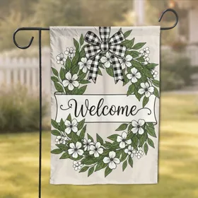 White Flower Botanical Wreath Welcome Banner Buffalo Check - Farmhouse Home Decor Garden Flag