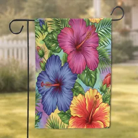 Three Hibiscus Flowers Leaves Buds Tendrils - Home Decor Gift Garden Flag