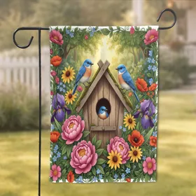 Bluebirds Birdhouse Wildflowers Woodland - Wildlife Lover Home Decor Gift Garden Flag