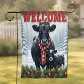 Welcome Black Cow Calf Holly Wreath Scarf - Christmas Holiday Home Decor Garden Flag