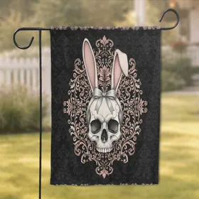 Gothic Human Skull Bunny Ears Bow Floral Botanical Scrollwork - Home Decor Gift Garden Flag
