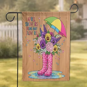 April Showers Bring May Flowers Pink Rain Boots Pansy Hydrangea Spring Home Decor Gift Garden Flag