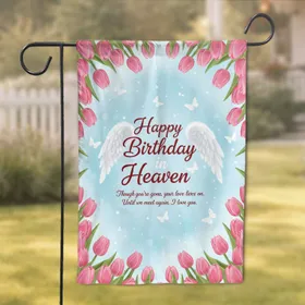 Happy Birthday in Heaven Angel Wings Pink Tulips Remembrance Garden Flag
