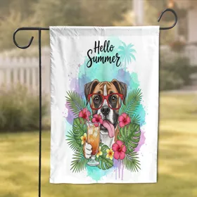 Boxer Dog Red Glasses Tropical Cocktail Tropical Foliage - Hello Summer Outdoor Decor Dog Lover Garden Flag
