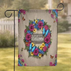 Vibrant Floral Wreath Welcome Sign Blue Butterflies Rustic Burlap - Welcoming Home Decor Gift Garden Flag