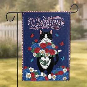 Black Tuxedo Cat Welcome Daisies Butterflies Leaves - Everyday Home Decor Gift for Cat Lovers Garden Flag