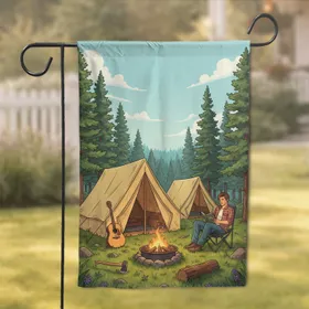 Camping Tents Campfire Meadow Pine Trees - Outdoor Adventure Gift for Campers Garden Flag