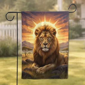 Majestic African Lion Radiant Sun Golden Savanna Dramatic Sunset Wildlife Lover Gift Garden Flag