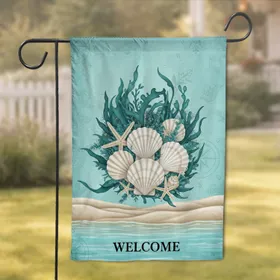 Seashells Starfish Welcome Aqua Sand Shore - Rustic Coastal Beach House Decor Gift Garden Flag