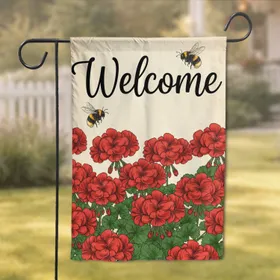 Lush Red Geraniums Welcome Bumblebees - Everyday Garden Decor Gift Garden Flag